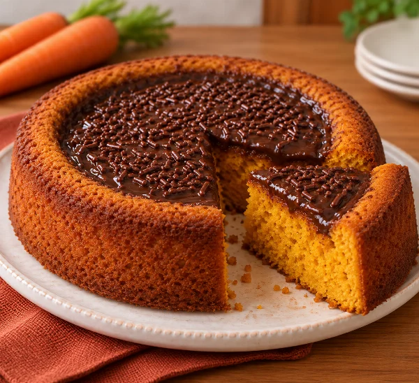 Imagem ilustrativa de bolo de cenoura em forma piscininha, inteiro, com brigadeiro cremoso preenchendo a cavidade central, servido em boleira clara.