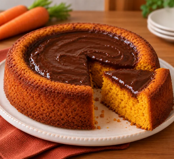 Imagem ilustrativa de bolo de cenoura em forma piscininha, inteiro, com brigadeiro cremoso preenchendo a cavidade central, servido em boleira clara.